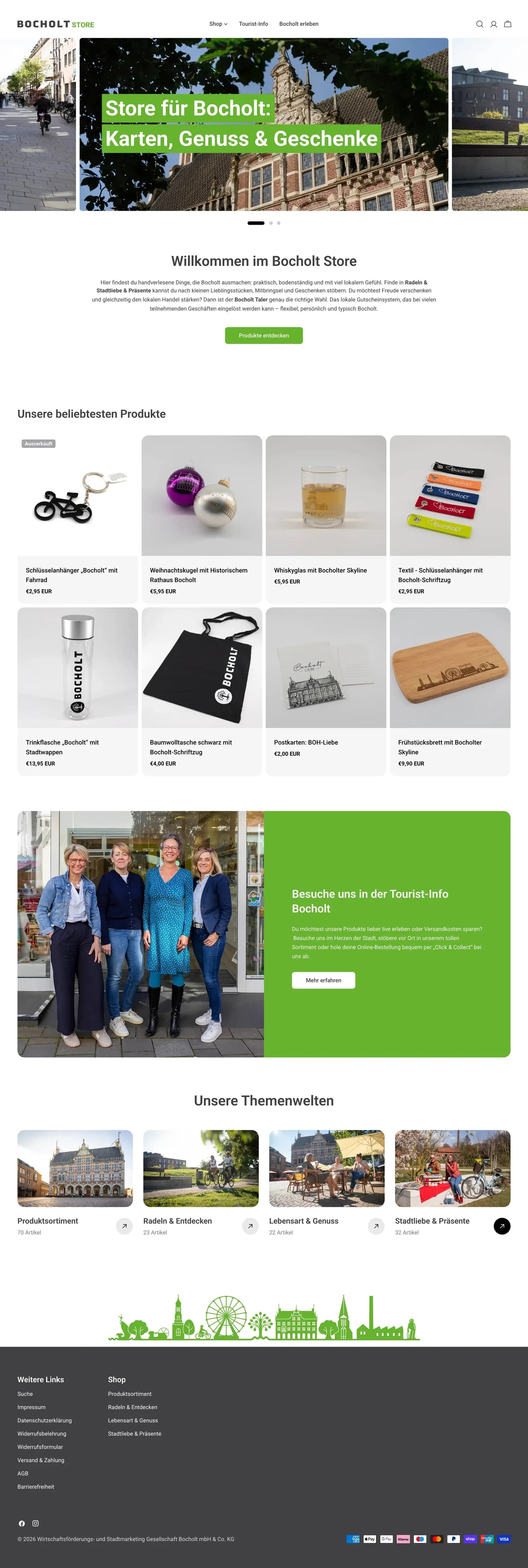Die komplette Startseite von bocholt.store mit den drei Themenwelten