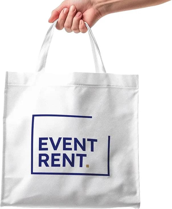 Weiße Stofftasche mit der Wortmarke Event Rent