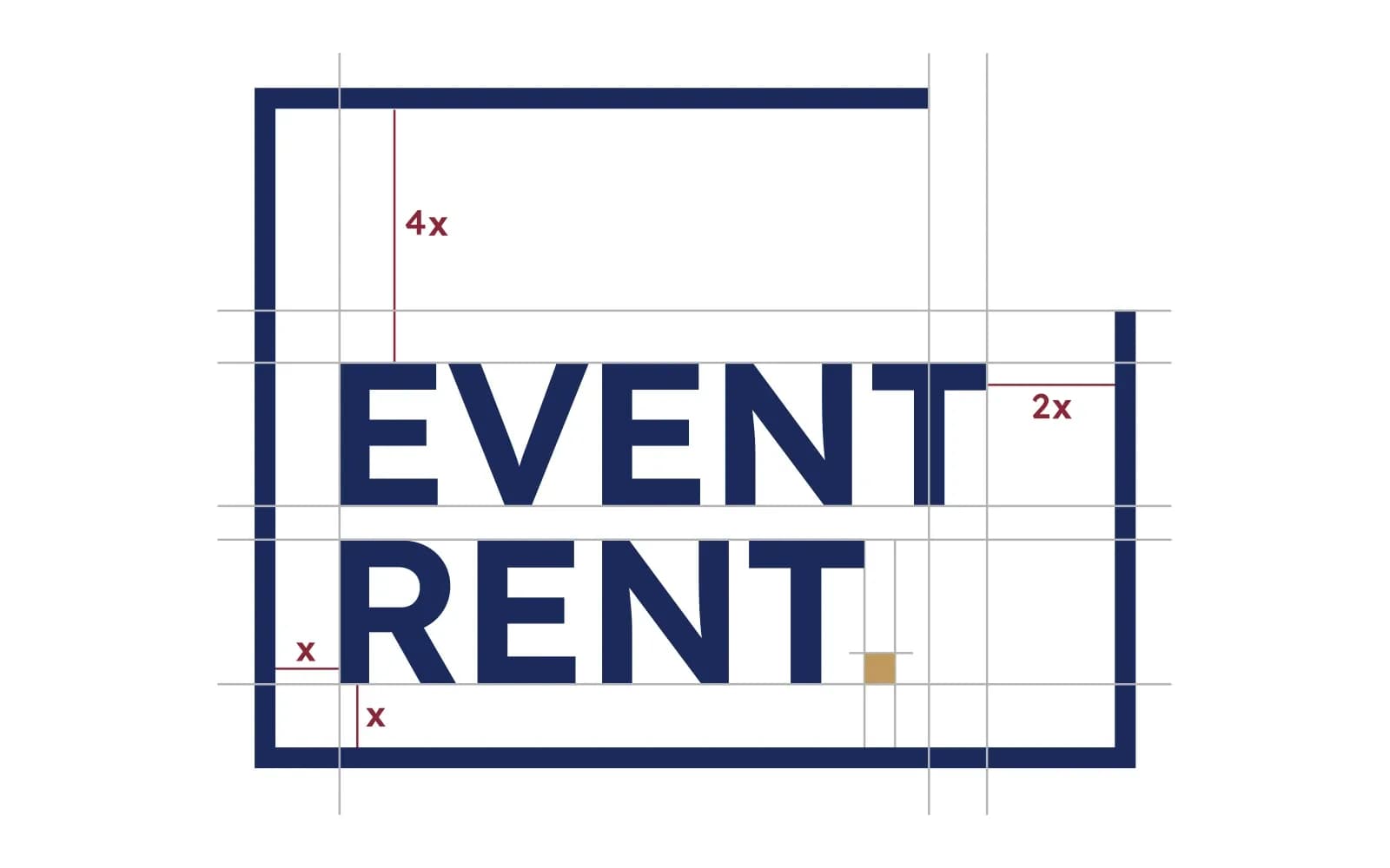 Konstruktion der Wortmarke Event Rent mit Hilfslinien und Maßangaben