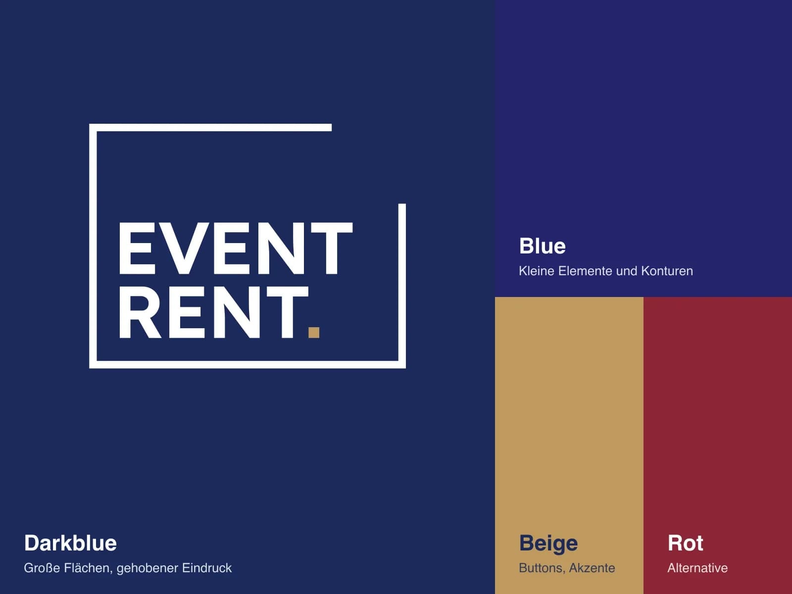 Farbwelt Event Rent: Darkblue, Blue, Beige und ein gedecktes Rot, dazu die Wortmarke in Weiß