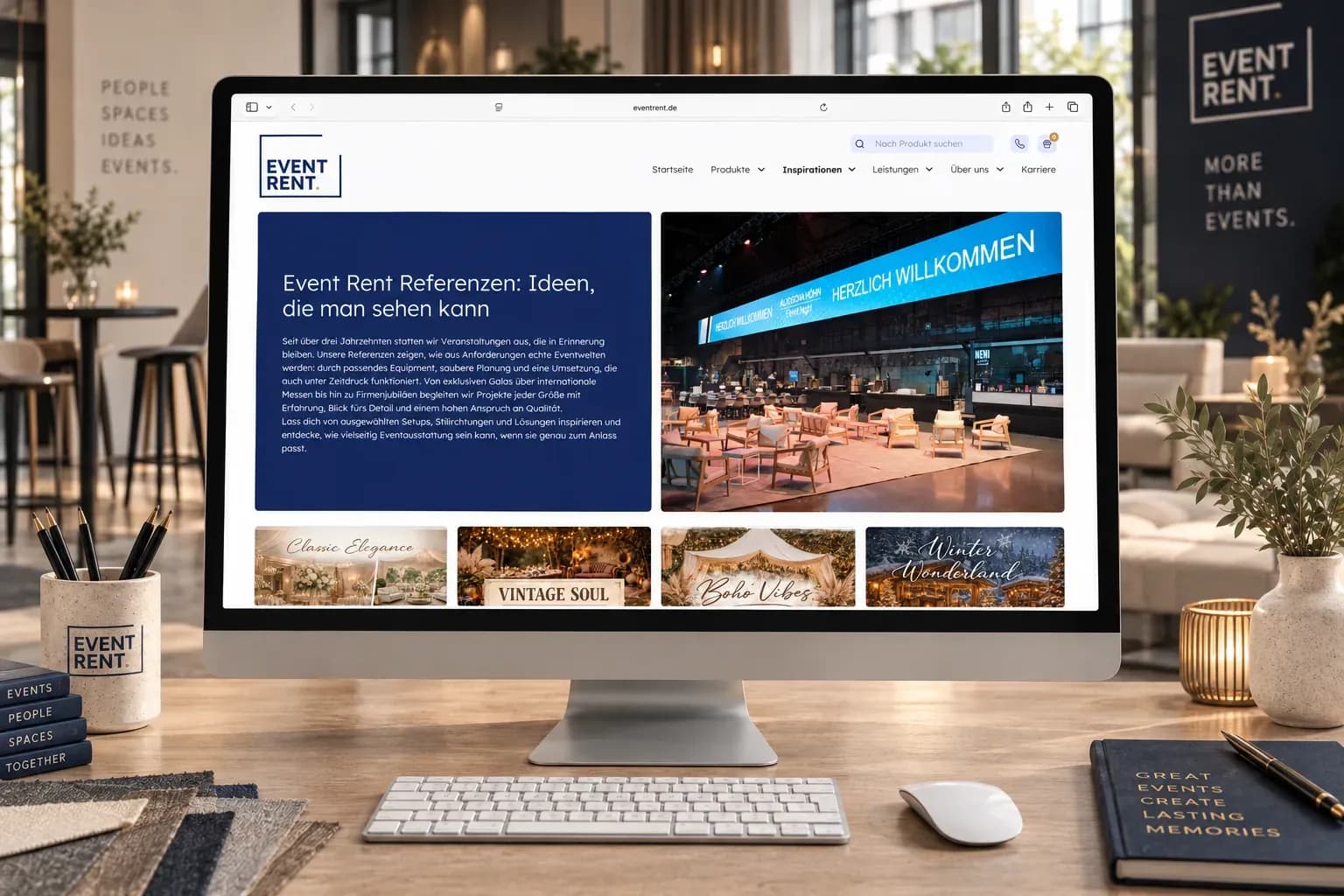 Referenzseite auf eventrent.de mit Moodboards wie Classic Elegance, Vintage Soul, Boho Vibes und Winter Wonderland, dargestellt auf einem Monitor