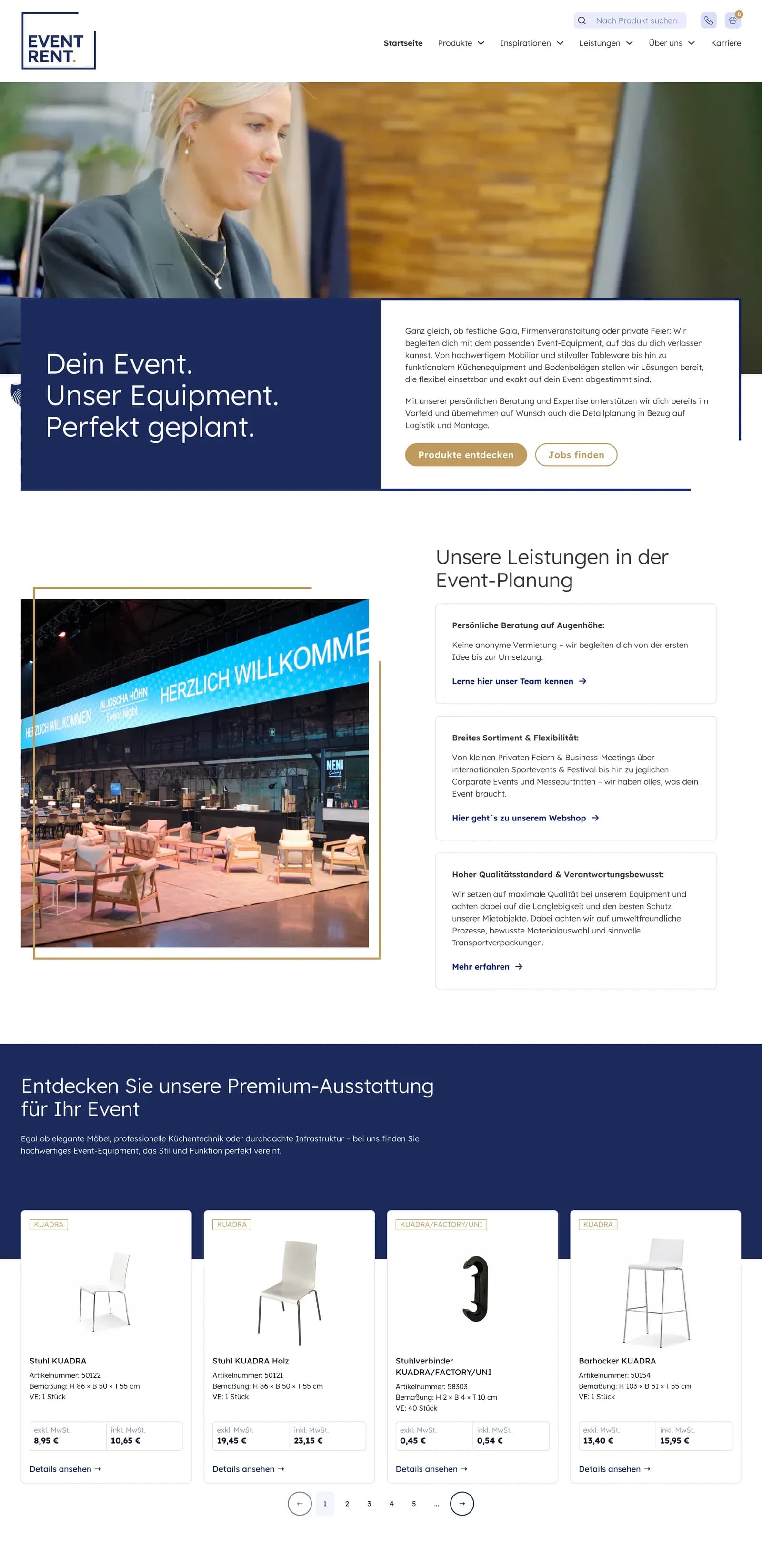 Die komplette Startseite von eventrent.de nach dem Launch