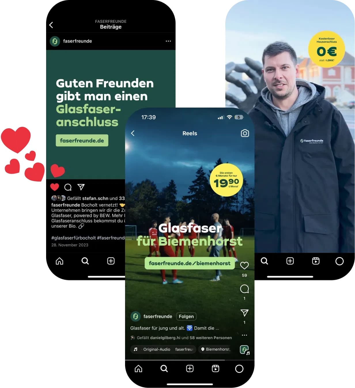 Drei Smartphone-Ansichten mit Beiträgen der faserfreunde, darunter Glasfaser für Biemenhorst