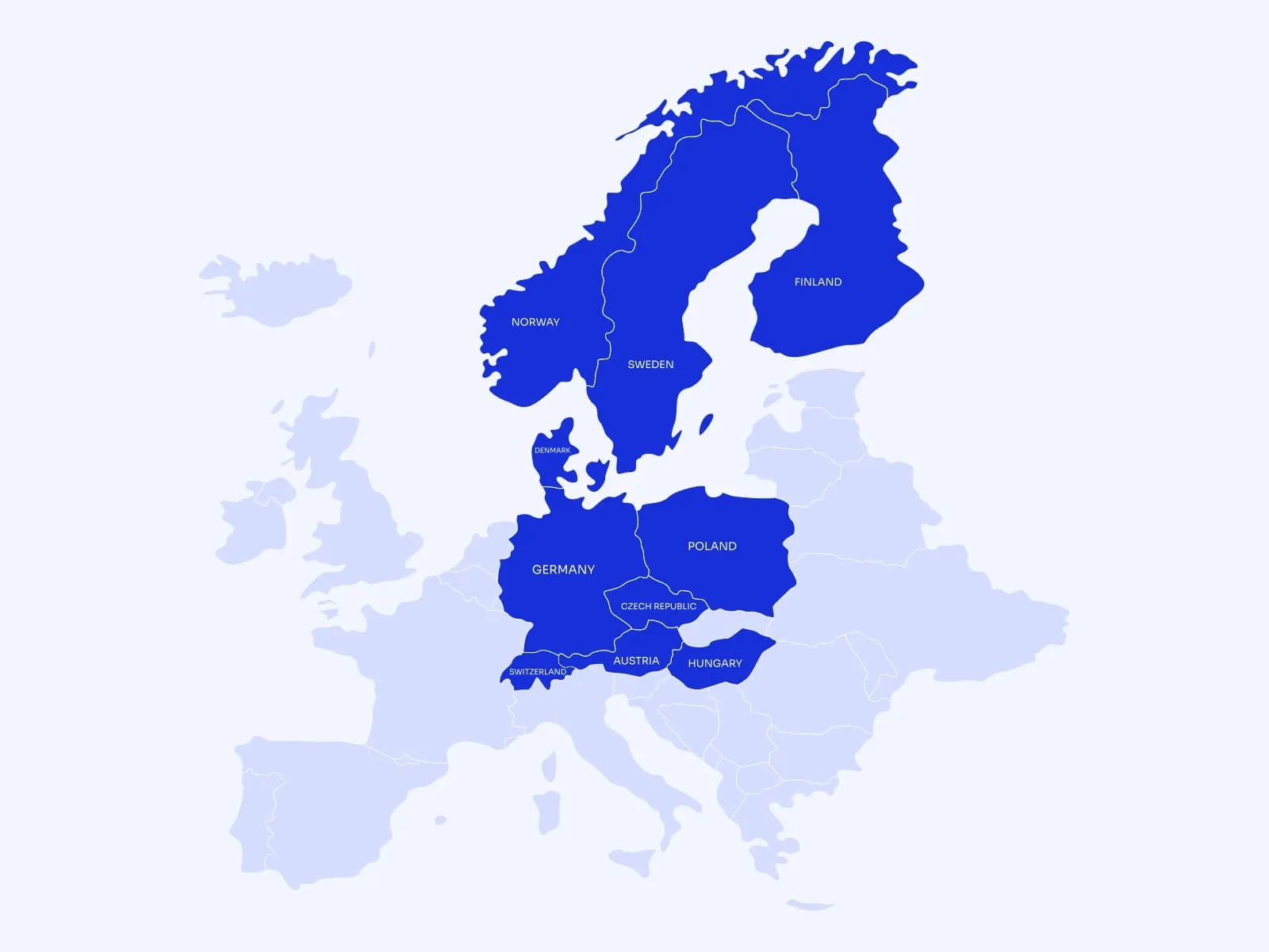 Europakarte, hervorgehoben die zehn Länder der Kampagne: Norwegen, Schweden, Finnland, Dänemark, Deutschland, Polen, Tschechien, Österreich, Schweiz und Ungarn