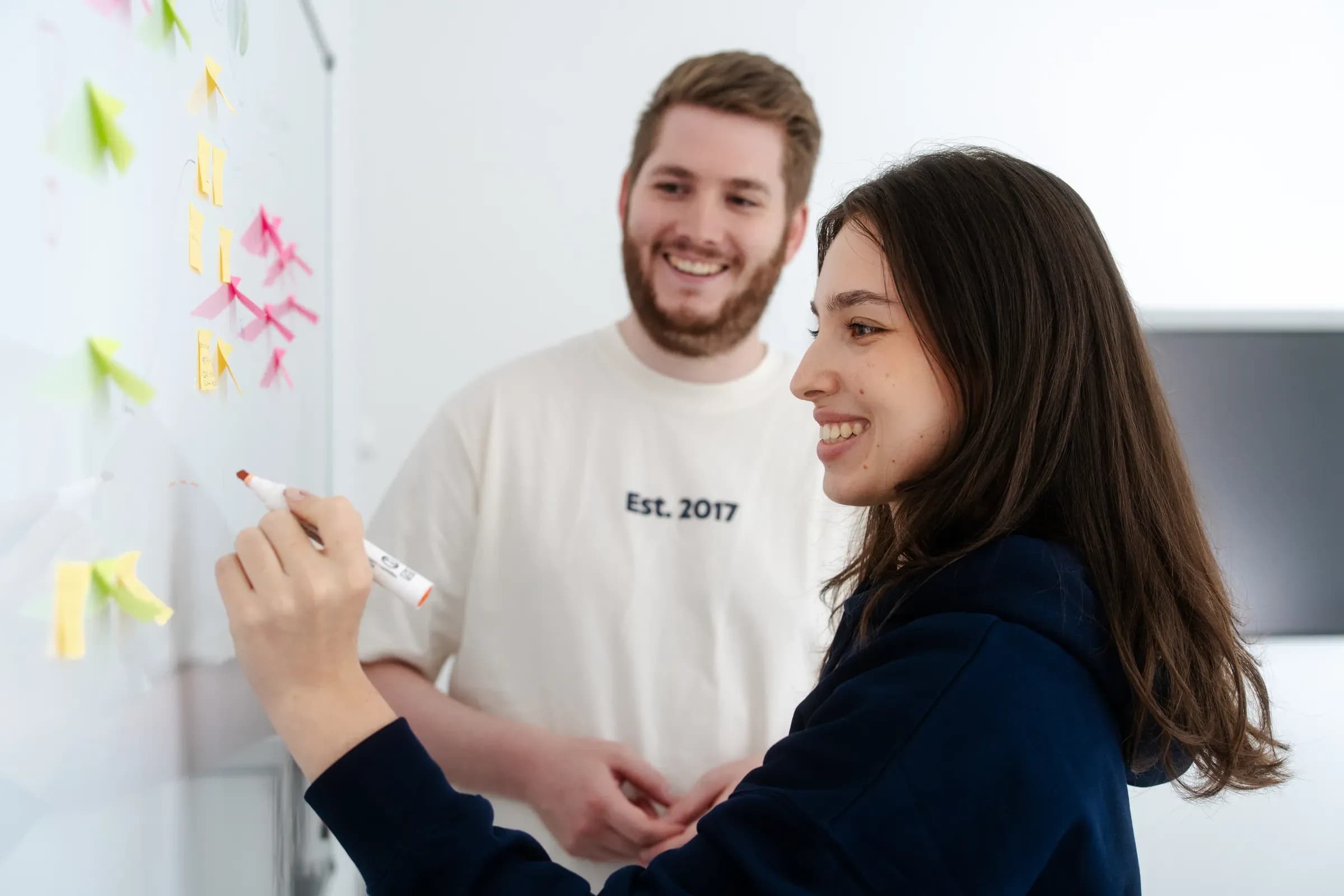 Zwei Teammitglieder von skeon digital entwickeln am Whiteboard mit Haftnotizen eine Markenstrategie