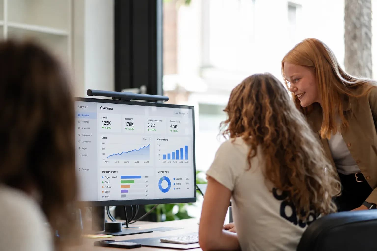 Zwei Teammitglieder von skeon digital vor einem Monitor mit Analytics-Auswertung, Nutzerzahlen und Sitzungen steigen