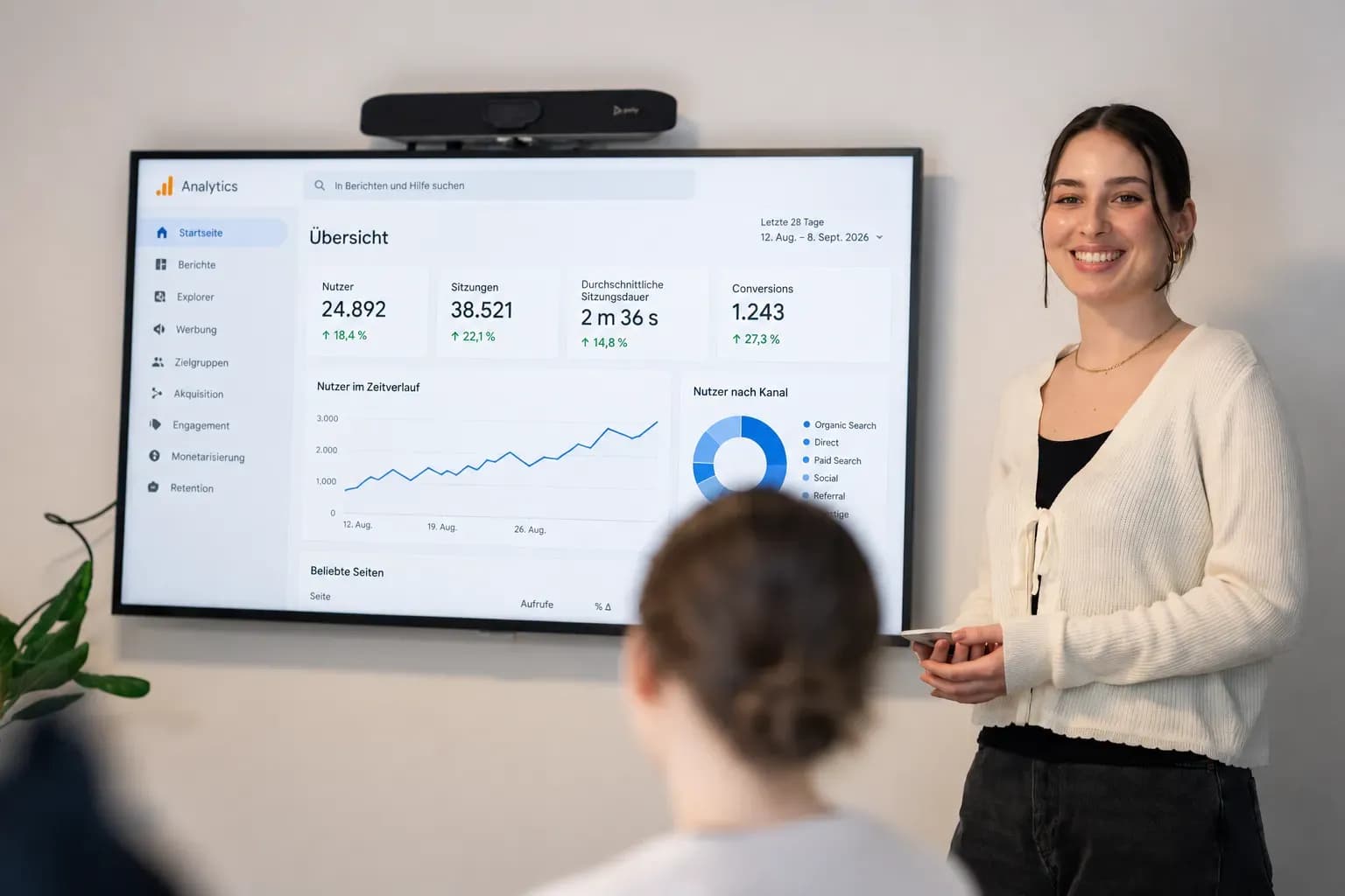 Kollegin von skeon digital präsentiert ein Analytics-Dashboard auf dem großen Bildschirm
