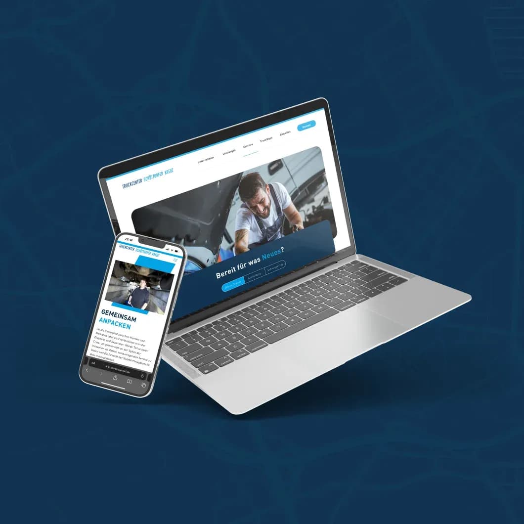 Laptop und Smartphone mit dem Karrierebereich von truck-schuettorf.de: Bereit für was Neues? und Gemeinsam anpacken