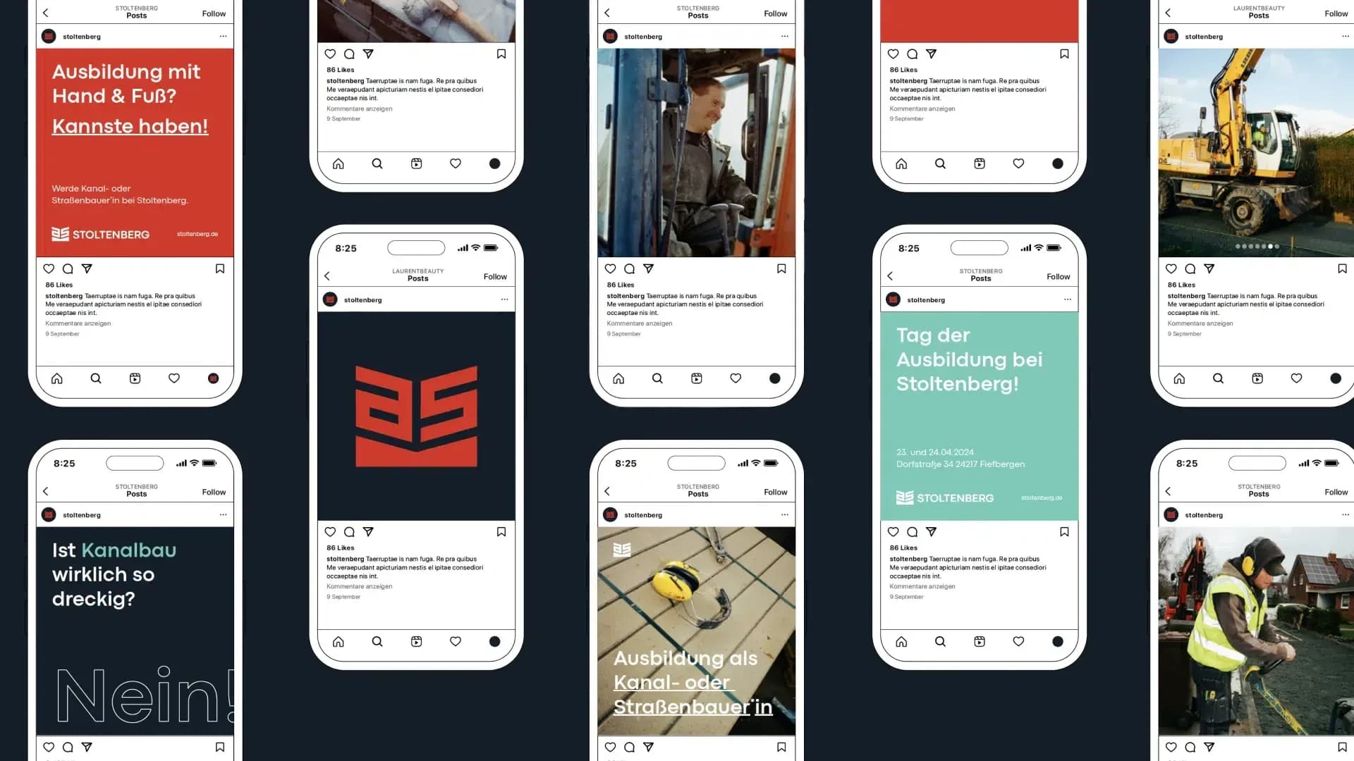 Reihe von Smartphones mit Instagram-Beiträgen des Stoltenberg-Karriereauftritts: Ausbildung mit Hand und Fuß, Ist Kanalbau wirklich so dreckig, Tag der Ausbildung, dazu Fotos von Baustellen